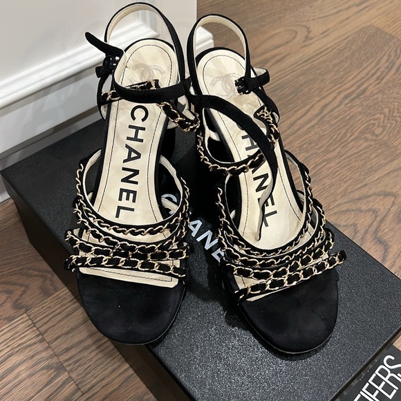 Authentic black suede Chanel sandals. 19p collection.  Purchased at Hirshleifers - Picture 4 of 9
